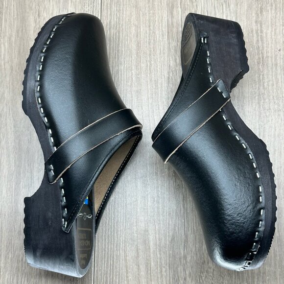 Moheda Toffeln Clog Sandals Womens Sz 39 Mule Slip On Leather Wedge Casual Black - Picture 6 of 13